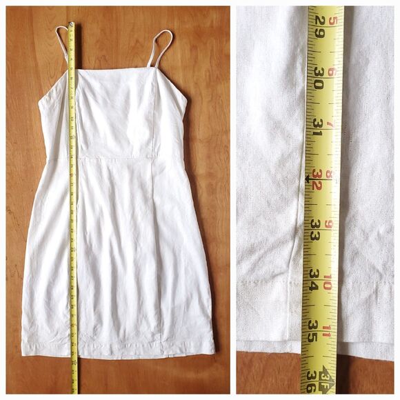 Halston Dress Size 8 Linen Blend Square Neck Midi Sheath Ivory Metallic Stretch - Picture 14 of 16